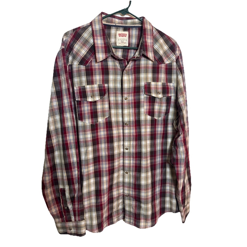 Levi's Men's XXL Plaid Western Pearl Snap Shirt Red Gray‎ Long Sleeve Cowboy